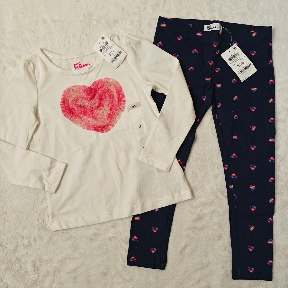 NEW Epic Threads Toddler Girls Outfit Set 2 Piece Heart Shirt and Leggings 3T